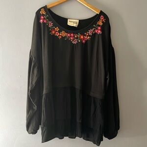 SAVANNA JANE TOP women’s 3X Embroidered Floral Shirt Black Boho Peasant Tunic